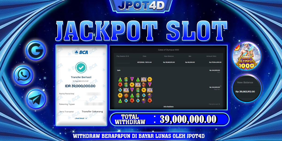 JPOT4D JACKPOT SLOT GATES OF OLYMPUS 1000 Rp39.000.000,- LUNAS
