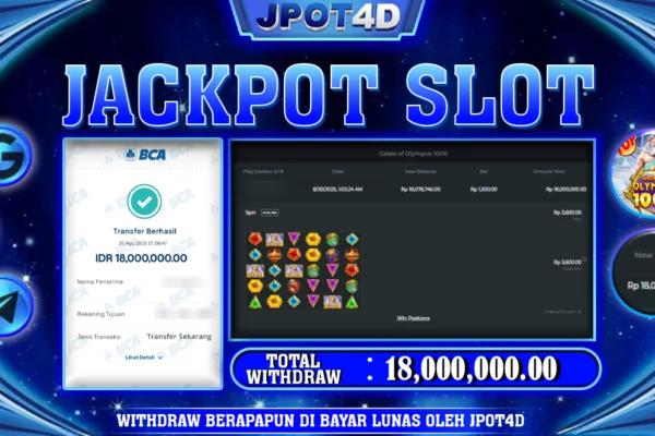 JPOT4D JACKPOT SLOT GATES OF OLYMPUS 1000 Rp18.000.000,- LUNAS