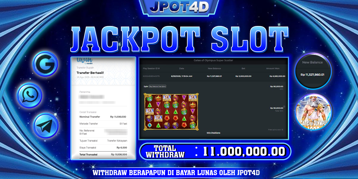 JPOT4D JACKPOT SLOT GATES OF OLYMPUS SUPER SCATTER Rp11.000.000,- LUNAS