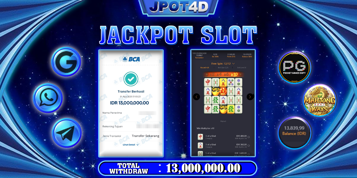 JPOT4D JACKPOT SLOT MAHJONG WAYS Rp13.000.000,- LUNAS