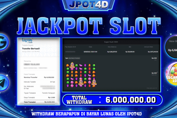 Selamat kepada Member Setia ID : Jer***09 Telah Meraih Kemenangan Fantastis di Permainan Sugar Rush 1000 di Platform JPOT4D, dengan Total Kemenangan Mencapai RP6.000.000,-