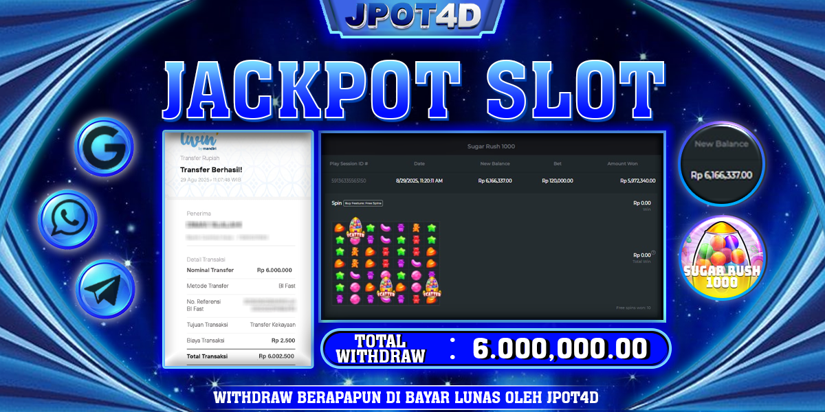 Selamat kepada Member Setia ID : Jer***09 Telah Meraih Kemenangan Fantastis di Permainan Sugar Rush 1000 di Platform JPOT4D, dengan Total Kemenangan Mencapai RP6.000.000,-