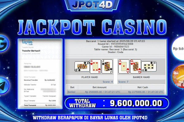 JPOT4D JACKPOT LIVE CASINO BACCARAT Rp9.600.000,- LUNAS