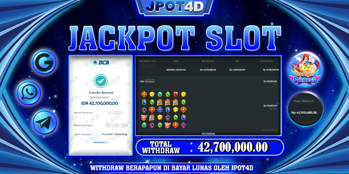 JPOT4D JACKPOT SLOT STARLIGHT PRINCESS 1000 Rp42.700.000,- LUNAS
