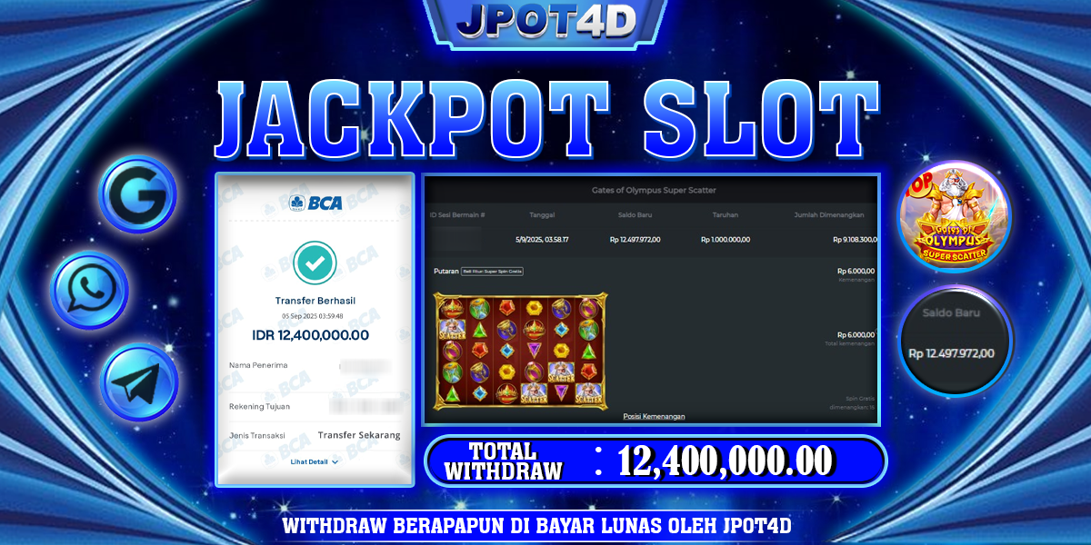 JPOT4D JACKPOT SLOT GATES OF OLYMPUS SUPER SCATTER Rp12.400.000,- LUNAS