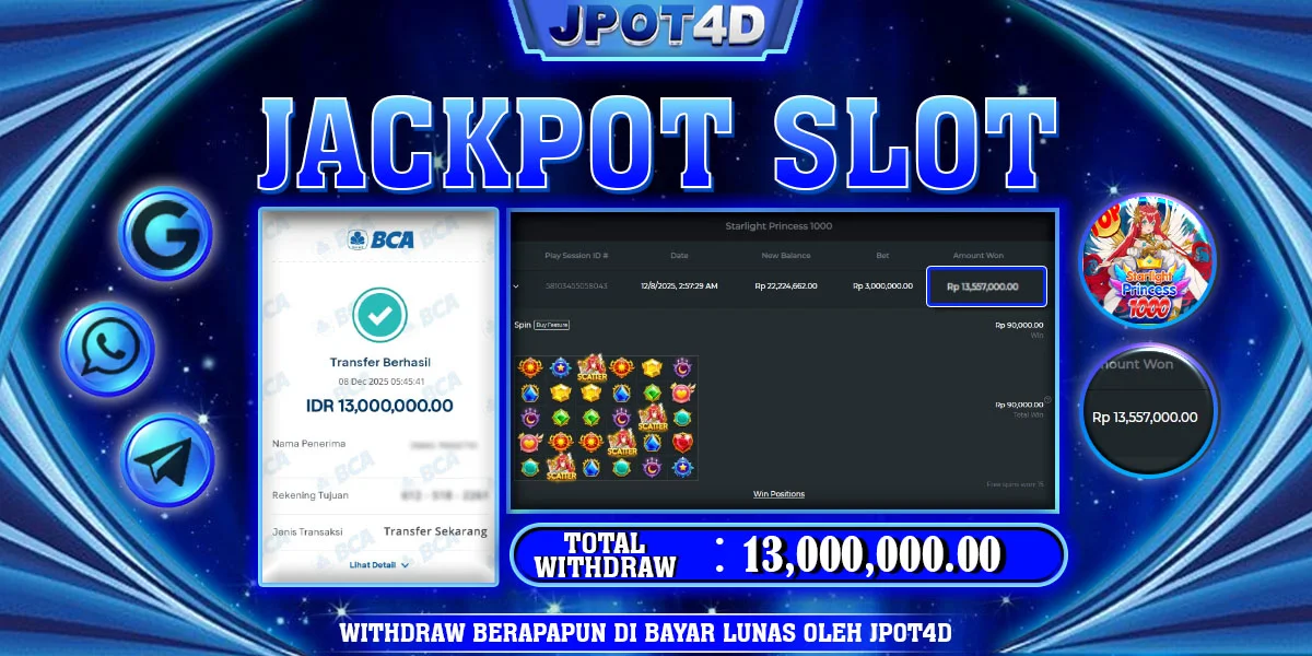 JPOT4D JACKPOT SLOT STARLIGHT PRINCESS 1000 Rp18.000.000,- LUNAS